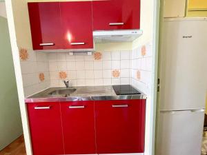 eine rote Küche mit einer Spüle und roten Schränken in der Unterkunft Apartment Floralies I-5 by Interhome in Le Grau-du-Roi