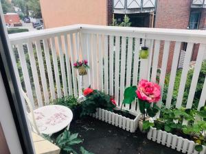 a white railing with flowers and a chair on a balcony at TS Monteurzimmer in Elmshorn