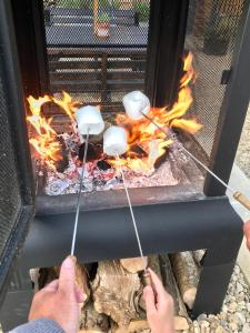 a person roasting marshmallows over an outdoor grill at The Bridge House in Bridport