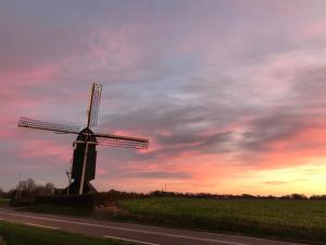 a windmill on the side of a road at sunset at Klein Haasdal Studio's in Schimmert