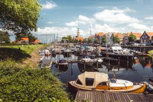 een groep boten aangemeerd in een jachthaven met gebouwen bij RBR 655 - Beach Resort Kamperland in Kamperland