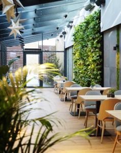 a restaurant with tables and chairs and a green wall at Hotel Pod Jedlami in Wisła