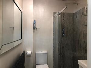 a bathroom with a toilet and a glass shower at Skippers View Sunny Balcony in Eastbourne +36 photos