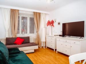 een woonkamer met een bank en een flatscreen-tv bij Wohnen im Herzen von Wien at the Waterfront in Wenen