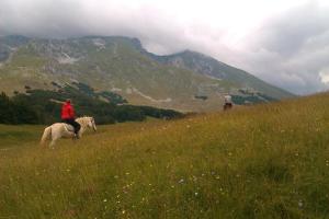 two people riding horses in a field with mountains at Etno village Katun in Žabljak