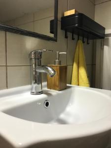 a bathroom sink with a faucet and a mirror at Jefimija in Jasikovice +16 photos