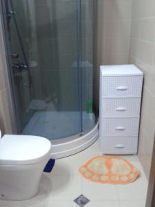 a bathroom with a toilet and a glass shower at Orbi Plaza Apartment in Batumi