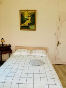 ein weißes Bett in einem Schlafzimmer mit einem Bild an der Wand in der Unterkunft Gîte de l’Allaine in Morvillars