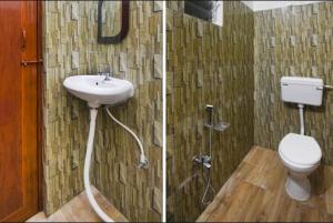 Duas fotografias de uma casa de banho com um lavatório e um WC. em Sundarban Tulip Homestay, Pakhiralay, WB em Purbbadulki