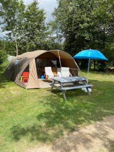 a tent and a picnic table in a field at Camping Les Arbois in Montjay