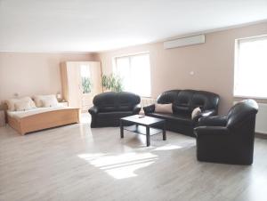 sala de estar con muebles de cuero negro y sofá en Stardust apartman, en Pécs