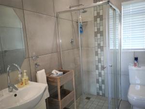 赫曼努斯Seashell Cottage的带淋浴、水槽和马桶的浴室