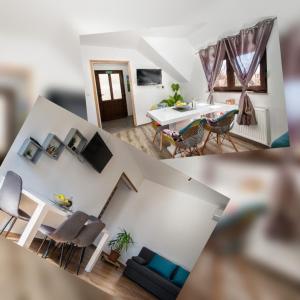 two views of a living room and a dining room at Apartments Escape in Drežnik Grad