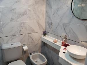 La salle de bains est pourvue de toilettes, d'un lavabo et d'un miroir. dans l'établissement Prema, à San Miguel de Tucumán