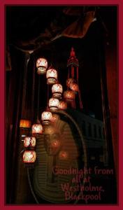 a chandelier with red lights hanging from a building at Westholme Hotel in Blackpool