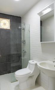 a bathroom with a toilet and a sink and a shower at Villas Club Ámbar in Cacique
