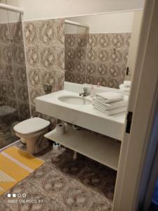 uma casa de banho com um lavatório, um WC e um espelho. em Casa da Lili-ESPAÇO INDEPENDENTE E PRIVATIVO em Brotas