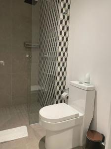 a bathroom with a white toilet and a shower at Apartasuite de lujo Distrito 90 in Barranquilla