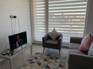 sala de estar con TV y silla en Caupolican 243 en Valdivia