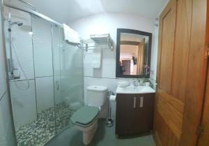 uma casa de banho com um chuveiro, um WC e um lavatório. em La Baraka de Guadalmar B&B Aeropuerto , Free breakfast em Málaga