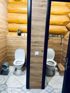 two toilets in a bathroom with wooden walls at Lake House Стрижевка in Strizhevka