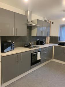 a kitchen with stainless steel appliances and gray cabinets at Campion Place Contractor Accommodation in Sheffield