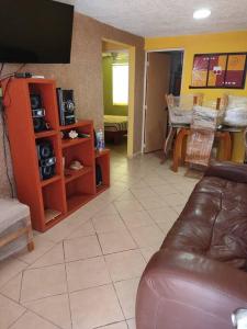 a living room with a couch and a tv at Casa Reliance: equipada, palapa privada y alberca in La Sabana