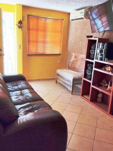a living room with a leather couch and a tv at Casa Reliance: equipada, palapa privada y alberca in La Sabana