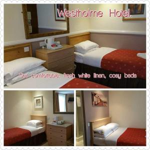 two pictures of a hotel room with two beds at Westholme Hotel in Blackpool