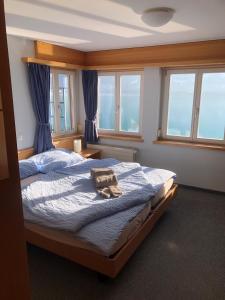 a bedroom with a bed with blue sheets and windows at Hotel WALZ in Brienz