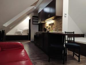 salon z czerwoną kanapą i kuchnią w obiekcie Hvězda Apartments w mieście Harrachov