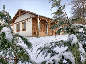 una cabaña de madera en la nieve con árboles en Liget Vendégház en Szokolya