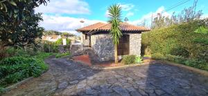 ein kleines Haus mit einer Palme im Hof in der Unterkunft Descanso do Guerreiro in Ribeira Grande