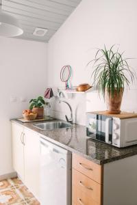 a kitchen with a sink and a microwave at La casita 13 in Ferrel