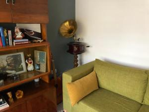 a living room with a green couch and a book shelf at Midcentury modern 1 bedroom apartment in Tirana in Tirana +10 photos