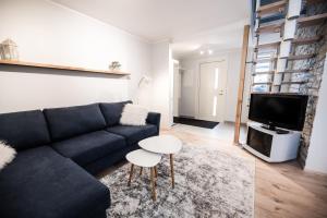 a living room with a blue couch and a tv at Cabin Guesthouse with free parking in Pärnu
