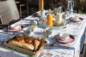 a table with a basket of croissants on it at Maison d'hôtes Aux Deux Cigognes in Gries