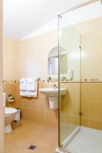 Un baño con lavabo y ducha de cristal. en Villa Gamma, en Pavel Banya