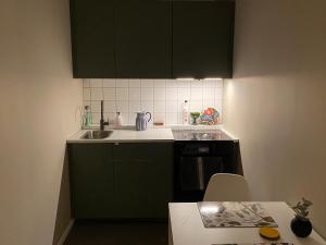 a small kitchen with green cabinets and a sink at Attefallshus på Ängö i Kalmar in Kalmar +2 photos