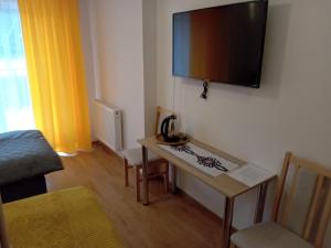a room with a table and a television on a wall at Willa Halusia in Zakopane
