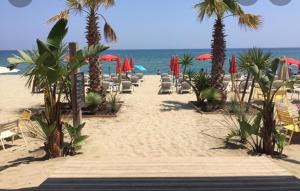 une plage de sable avec des chaises et des parasols et l'océan dans l'établissement Villa Tim avec piscine commune et à deux pas de la plage, à Sainte-Marie-la-Mer