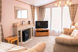 een woonkamer met een televisie en een open haard bij The White Rose Lodge with Hot Tub in York