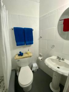 ein Badezimmer mit einem weißen WC und einem Waschbecken in der Unterkunft Cat in The Cup B&B in Bocas del Toro