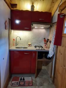 uma pequena cozinha com armários vermelhos e um lavatório em Le Refuge des Marmottes em Arêches