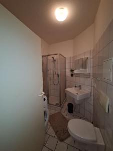 een badkamer met een toilet, een wastafel en een douche bij Monteurwohnung Walter in Leipzig