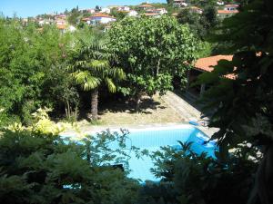 a swimming pool in the yard of a house with trees at Apartment Apollonio Portorož in Portorož