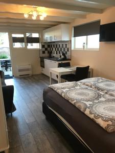 a bedroom with a bed and a table and a kitchen at Mikasabeach in Zandvoort