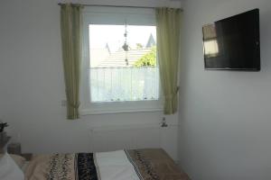 een slaapkamer met een bed, een raam en een televisie bij Ferienwohnung Dellori in Winterberg