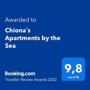 Certifikát, ocenenie alebo iný dokument vystavený v ubytovaní Chiona΄s Apartments by the Sea