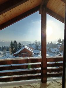 uma vista de uma janela de uma aldeia coberta de neve em Бо&Не em Yablunytsya